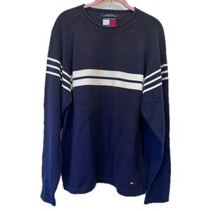 Vintage Tommy Hilfiger Men's Sweater in Navy with White Stripes Cotton Sz Large
